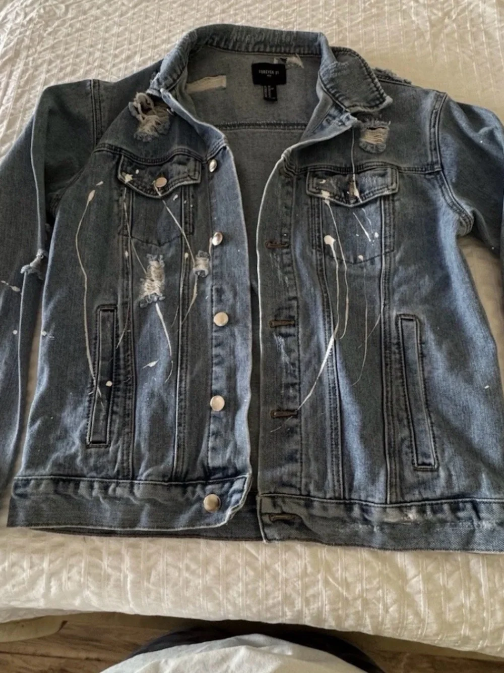 Forever 21 Kids Distressed Paint-Splatter Dark Blue Denim Jacket